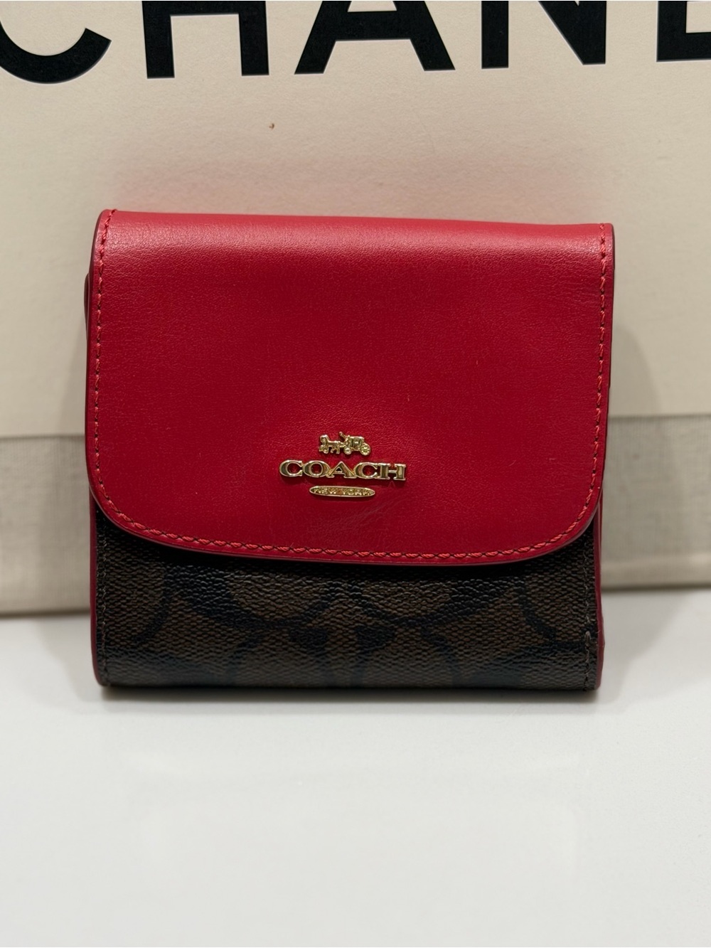 COACH Trifold Wallet in Red and Brown Signature Canvas